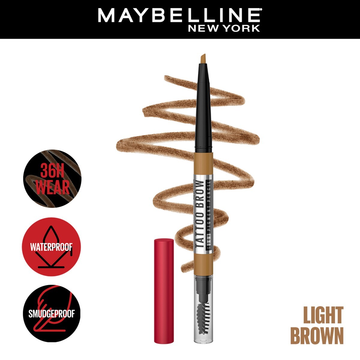Maybelline Tattoo Brow 36 Hr Brow Pencil, Light Brown, 0.25gm , Waterproof Eyebrow Pencil with Precision Tip