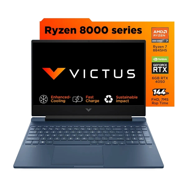 HP Victus AMD Ryzen 7-8845HS Octa Core (16 GB/512 GB SSD/Windows 11 Home/6 GB Graphics/NVIDIA GeForce RTX 4050) 15-FB2114AX Gaming Laptop (39.62 cm (15.6 Inch), Performance Blue, 2.29 Kg)