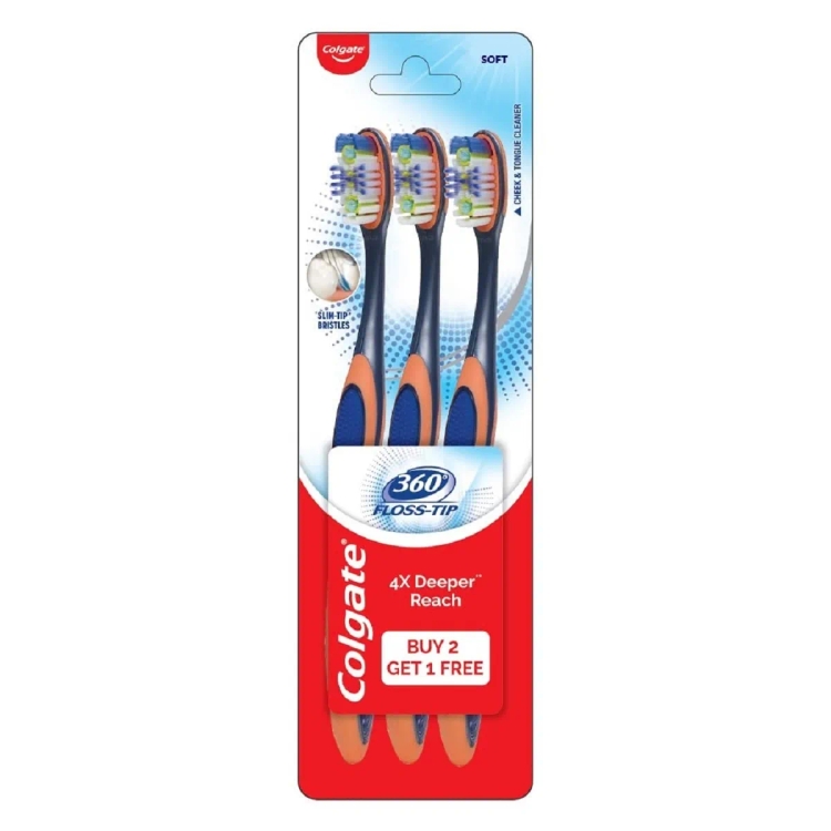 Colgate Toothbrush 360 Degree Floss Tip 2 + 1 Free Assorted Colours