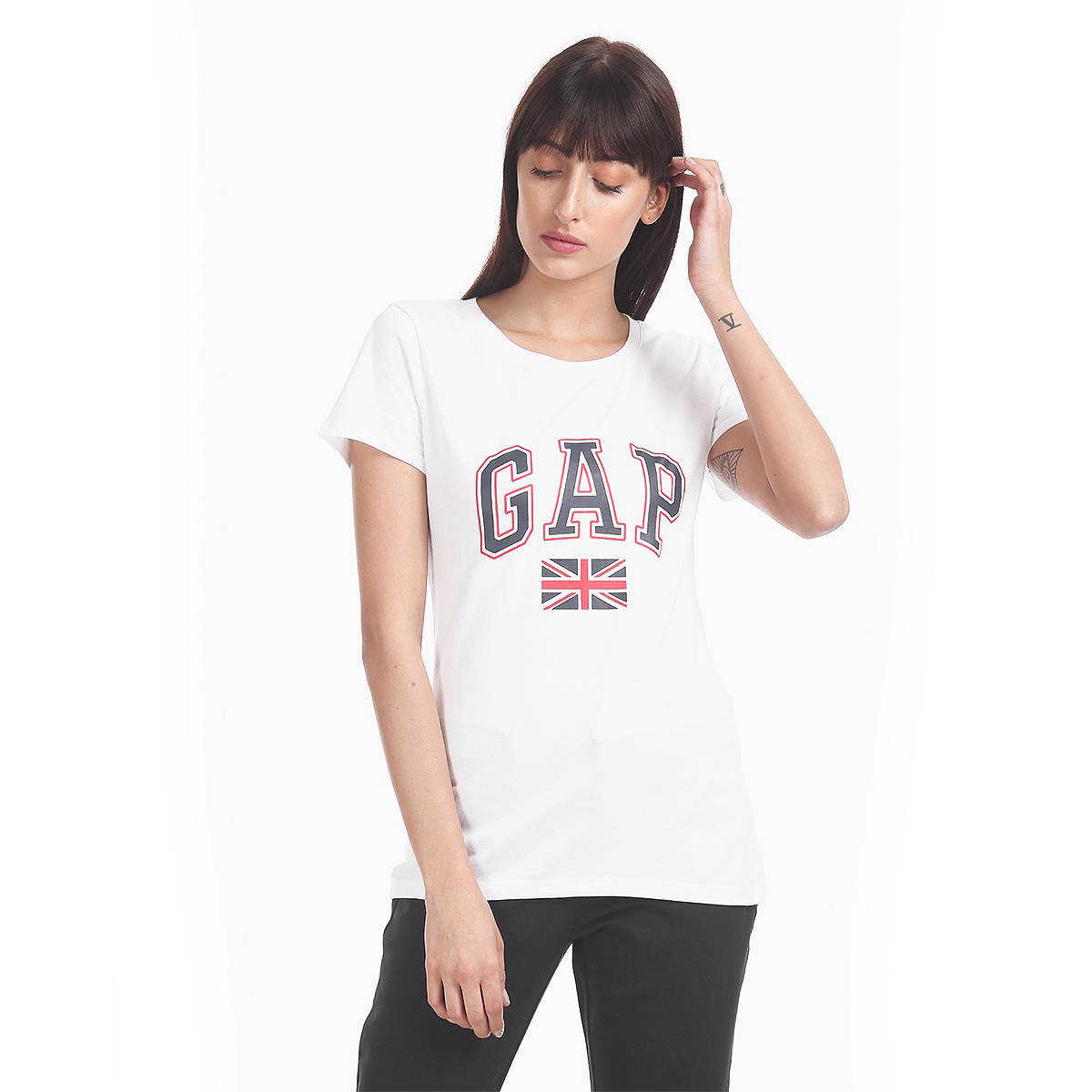 Gap Solid Color Regular Fit Crew Neck Short Sleeve T-Shirt with Screen Printed Logo & London Flag Graphic - White
