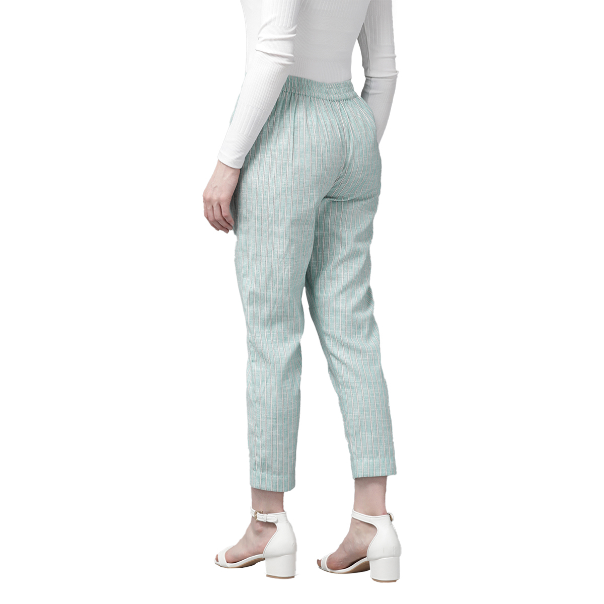 Juniper Cotton Stripe Printed Slim Fit Straight Fit Pants - Mint