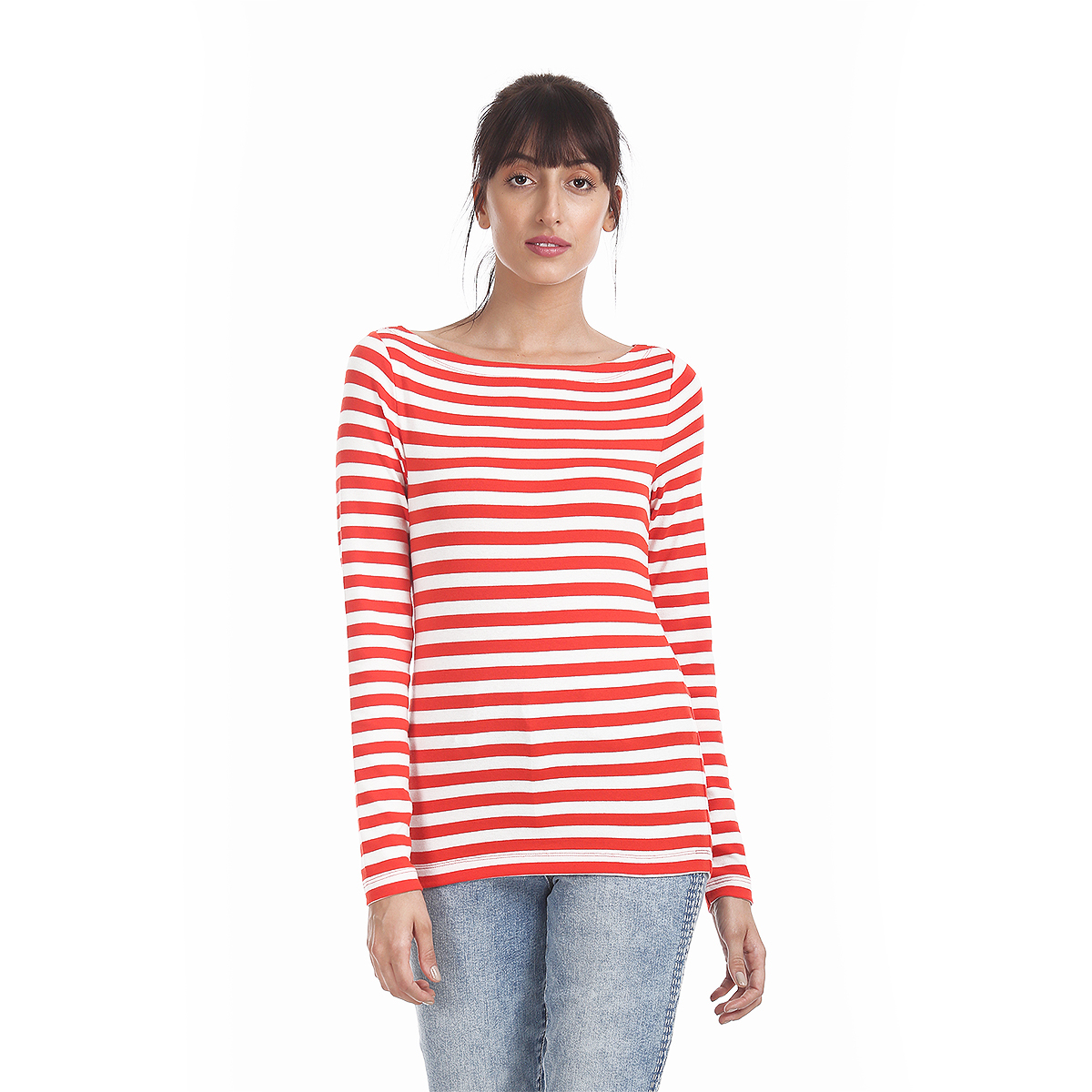 Gap Horizontal Striped Slim Fit Full Sleeve Boat Neck T-Shirt - Red