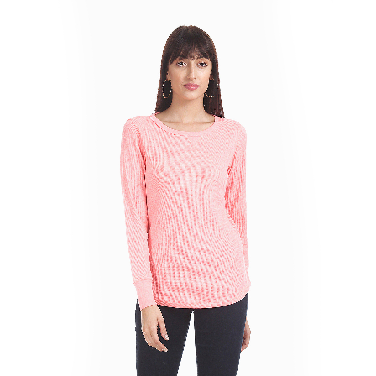 Gap Solid Textured Waffle Knitted Slim Fit T-Shirt With Full Sleeve Cuff - Coral