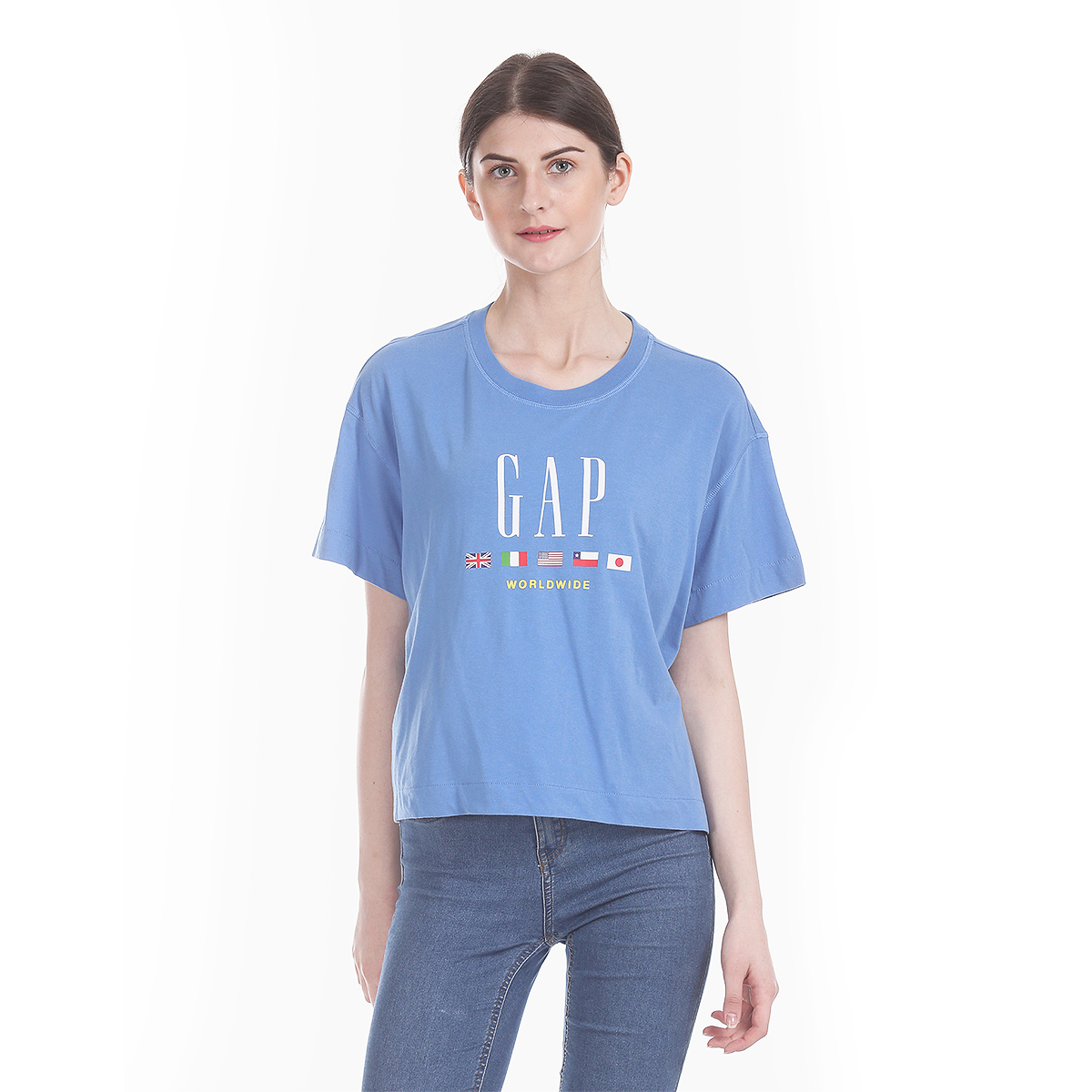 Gap Solid Color Boxy Fit Drop Shoulder T-Shirt Styled with Cropped Hem & Logo-Flag Graphic Print - Blue