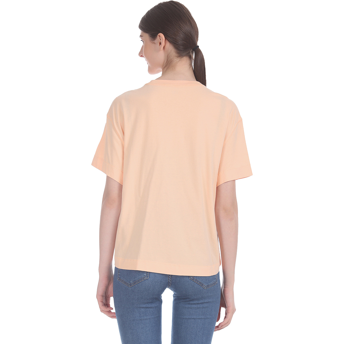 Gap Solid Color Boxy Fit Drop Shoulder T-Shirt Styled with Cropped Hem & Logo-Flag Graphic Print - Peach