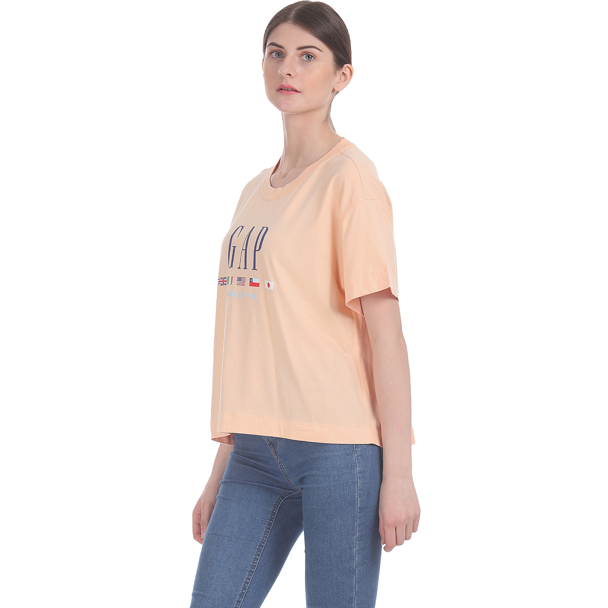 Gap Solid Color Boxy Fit Drop Shoulder T-Shirt Styled with Cropped Hem & Logo-Flag Graphic Print - Peach
