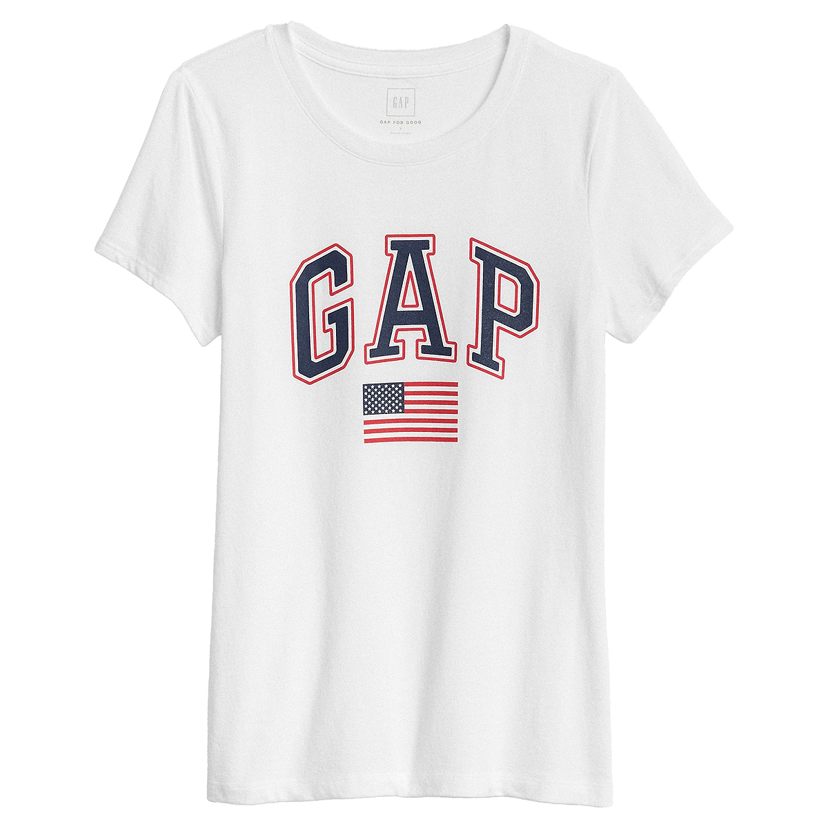 Gap Solid Color Regular Fit Crew Neck Short Sleeve T-Shirt with Screen Printed Logo & American Flag Graphic - White