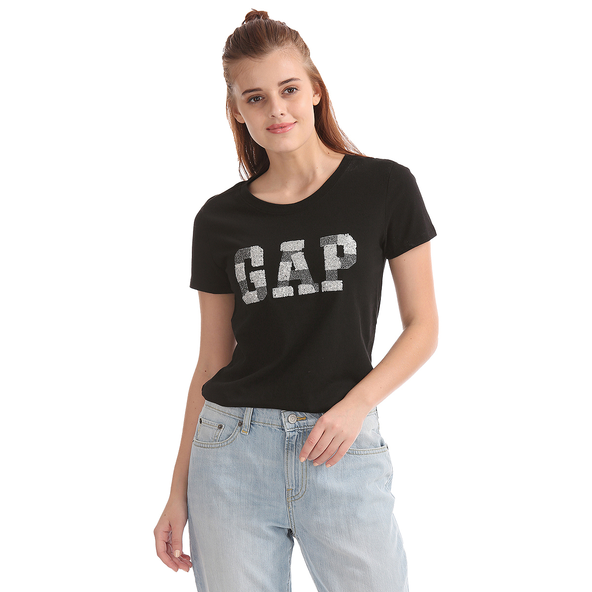 Gap Solid Color Regular Fit Round Neck T-Shirt Styled with Sequins Embellished Logo - Black
