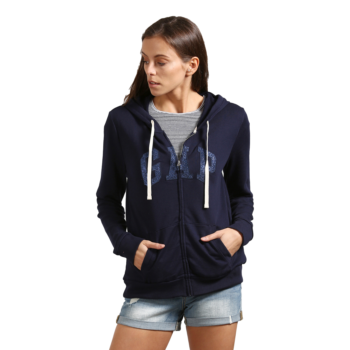 Gap Solid Color Hoodie Sweat Shirt with Two Front Pockets & Glitter Applique Logo - Navy