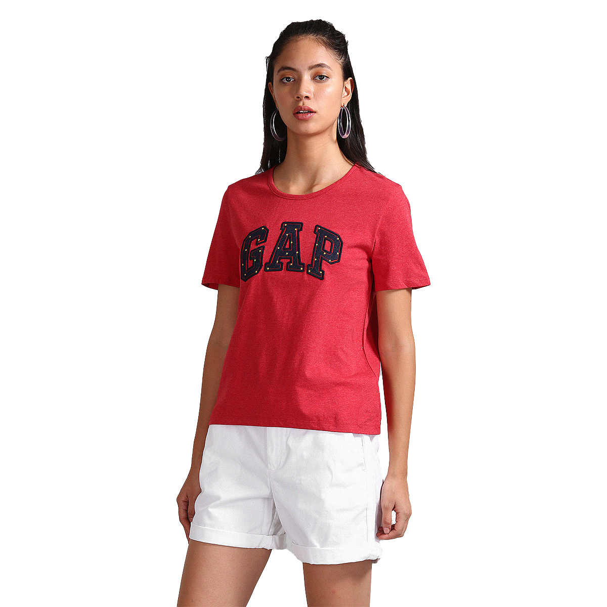 Gap Solid Color Round Neck Short Sleeve T-Shirt Styled with Logo Applique - Red