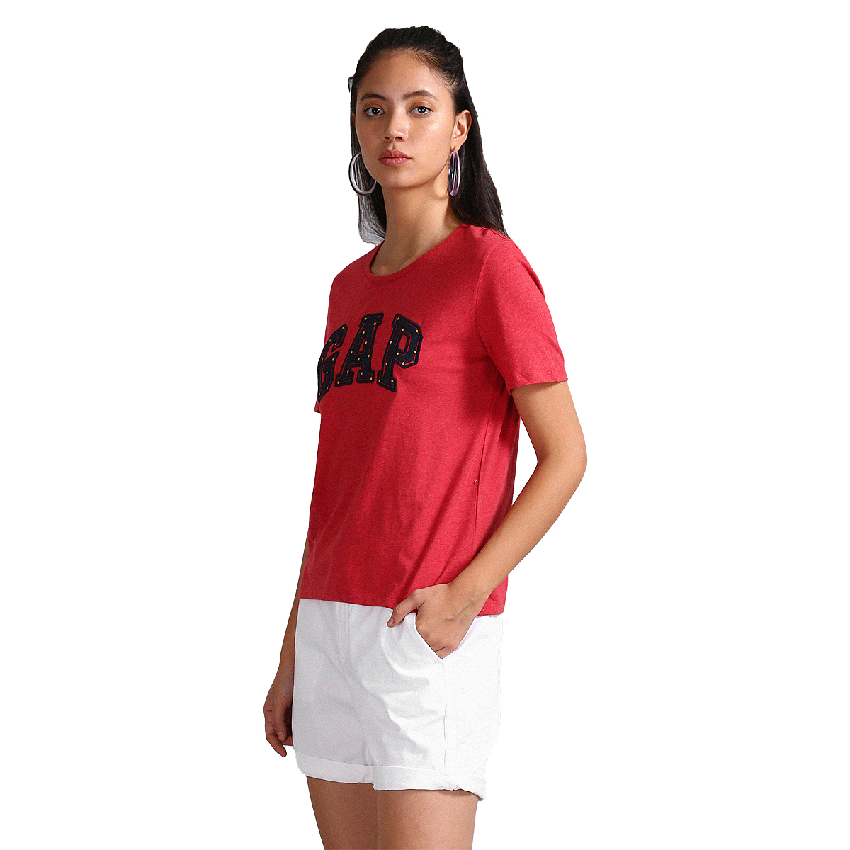 Gap Solid Color Round Neck Short Sleeve T-Shirt Styled with Logo Applique - Red