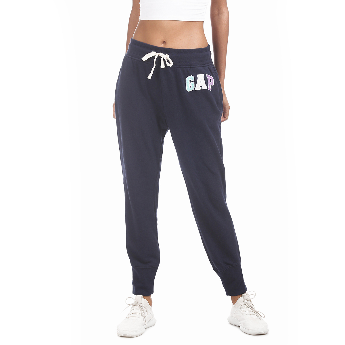 Gap Mid Rise Regular Fit Elasticized Drawstring Waist Solid Color Knitted Jogger with Applique Worked Logo - Navy