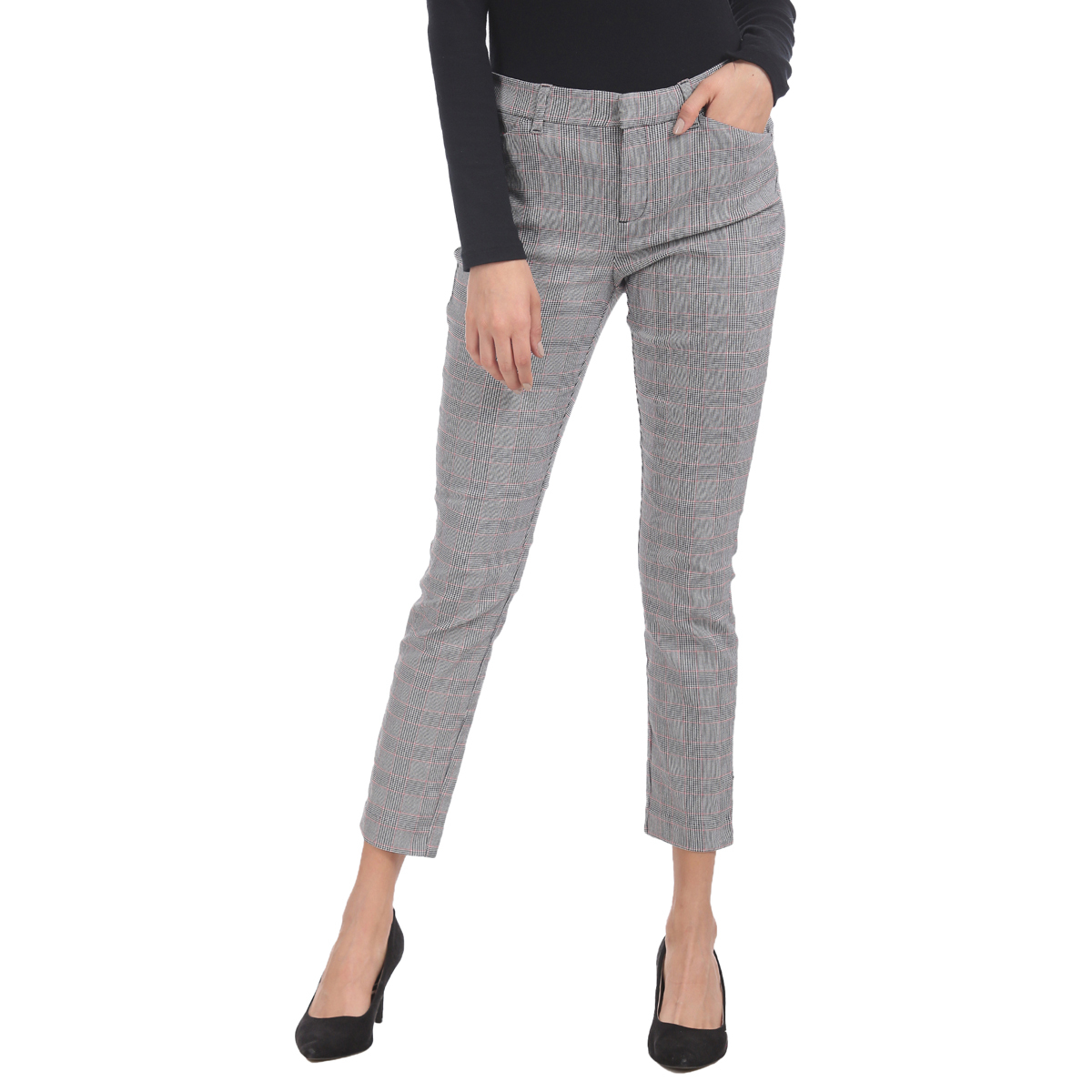 Gap Mid Rise Skinny Fit Check Weaved Tregging - Grey, Size-6