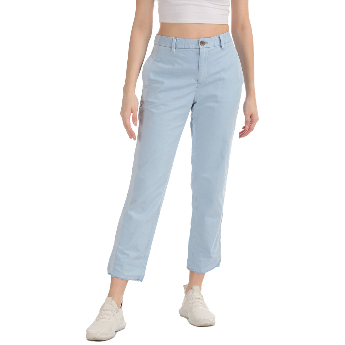 Gap Mid Rise Girlfriend Fit Solid Color Trouser Styled with Raw Hem & Faded Side Seam Line - Blue, Size-4
