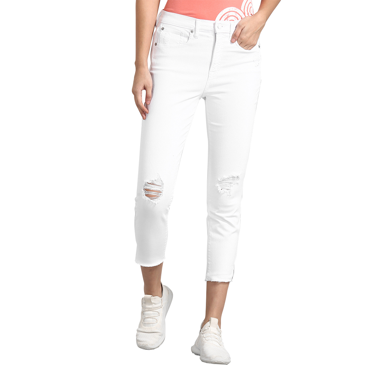 Gap High Rise Skinny Fit Sold Color Jeans Styled with Heavy Distress & Raw Hems - White