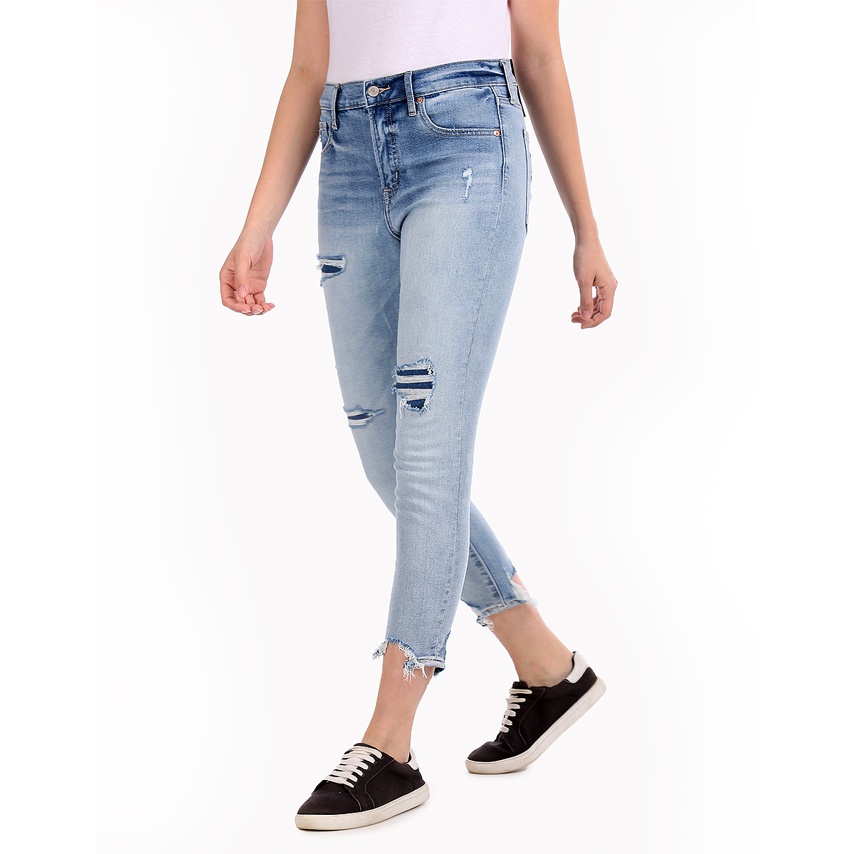 Gap High Rise Skinny Fit Washed Jeans Styled with Heavy Distress & Raw Hems - Lt. Blue
