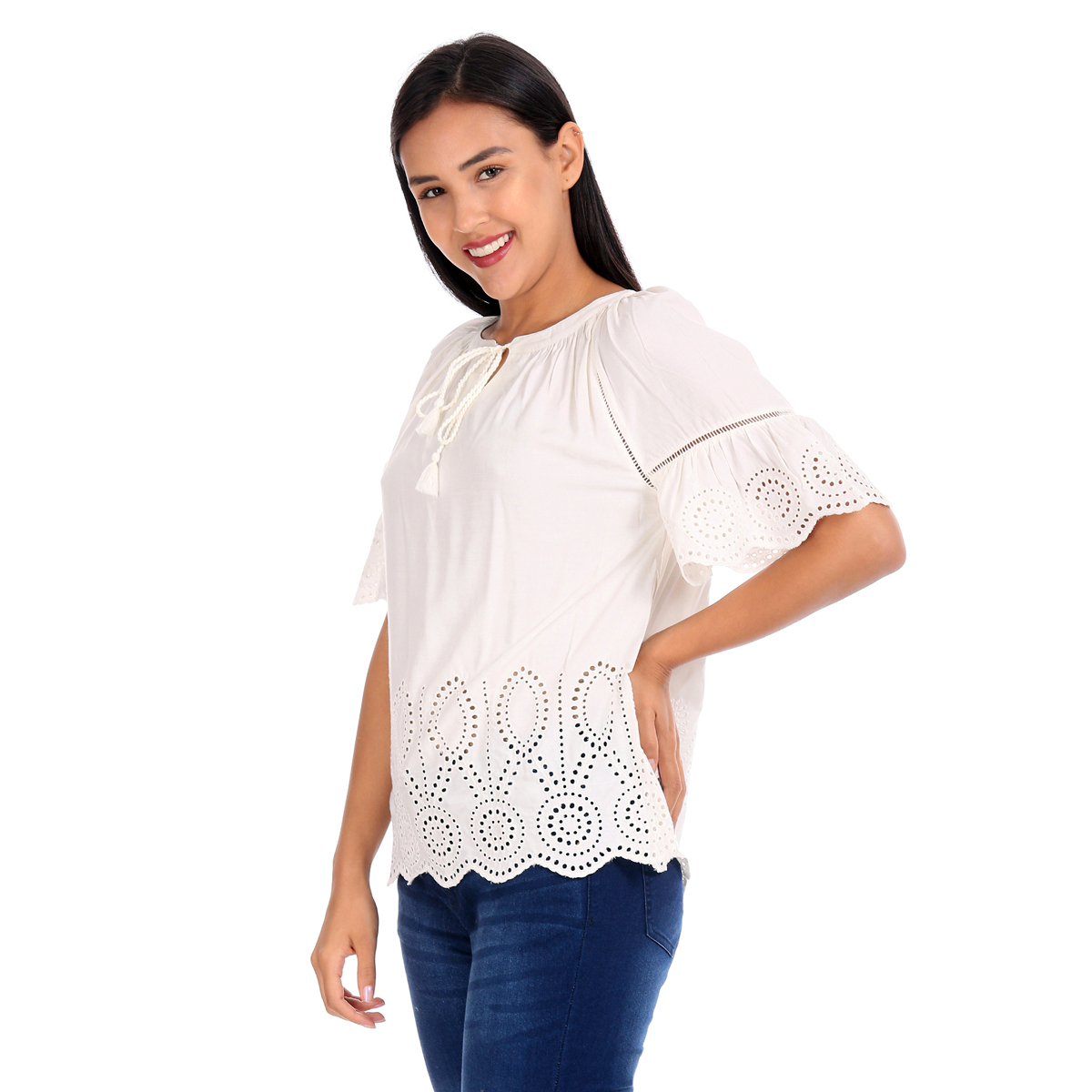 Gap Solid Color Gather Detailed Top Styled by Neck Tie-Up & Scalloped Hem Lines with Embroidered Eyelets - Off White