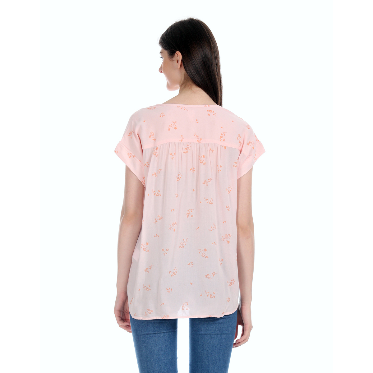 Gap Floral Printed Notch Round Neck Top Styled with Raglan Sleeves & High-Low Hem - Pink