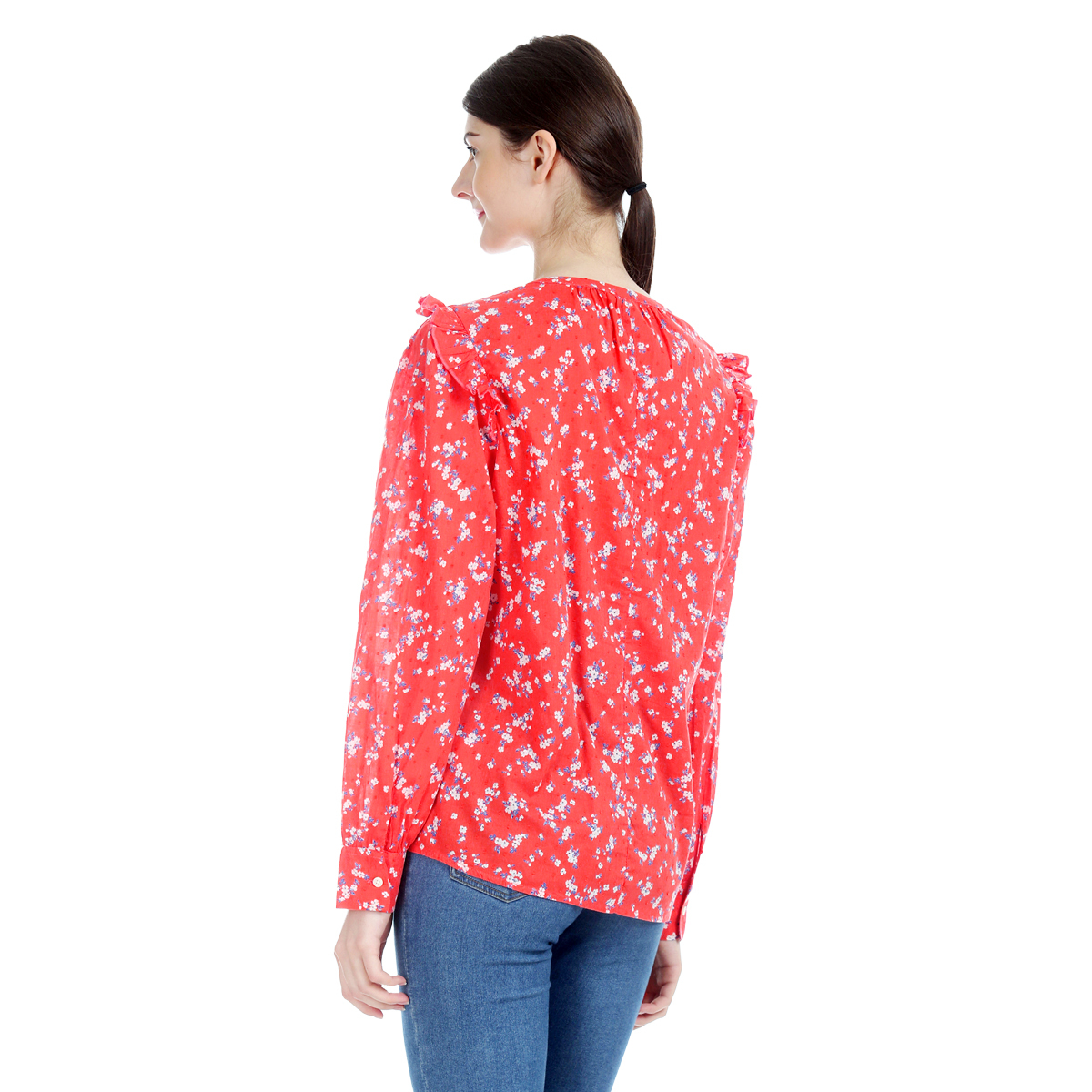 Gap Floral Printed Notch Round Neck Full Sleeve Top with Pleating details All Over - Coral