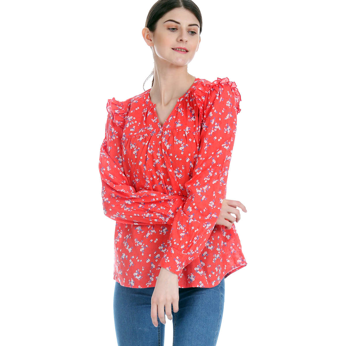 Gap Floral Printed Notch Round Neck Full Sleeve Top with Pleating details All Over - Coral