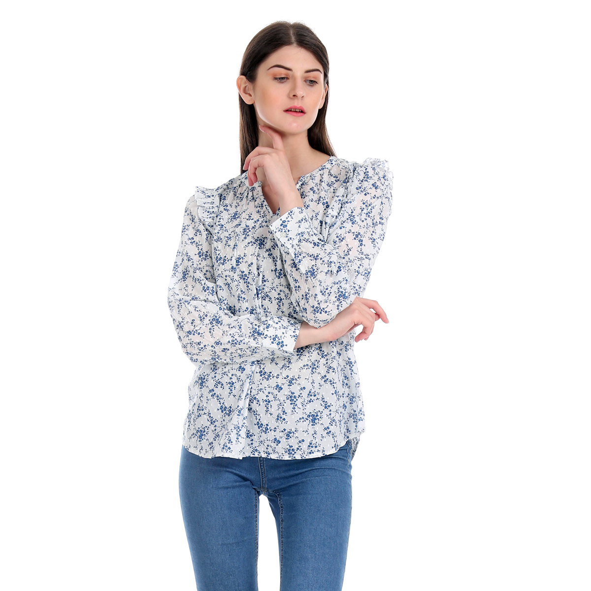 Gap Floral Printed Notch Round Neck Full Sleeve Top with Pleating details All Over - White
