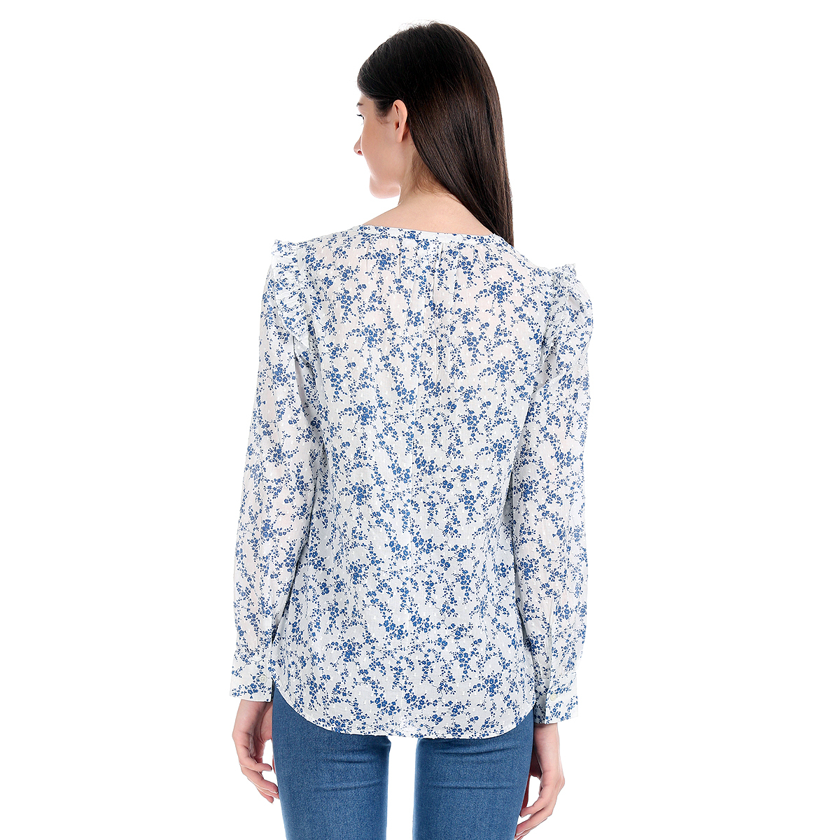 Gap Floral Printed Notch Round Neck Full Sleeve Top with Pleating details All Over - White