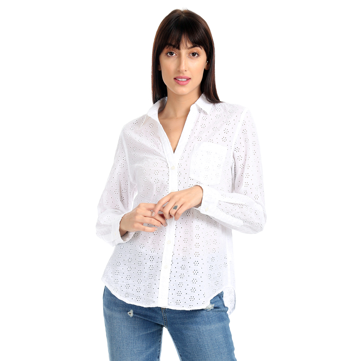 Gap Eyelet Poplin Weaved Solid Color Regular Fit Full Sleeve Casual Shirt with Patch Pocket - White