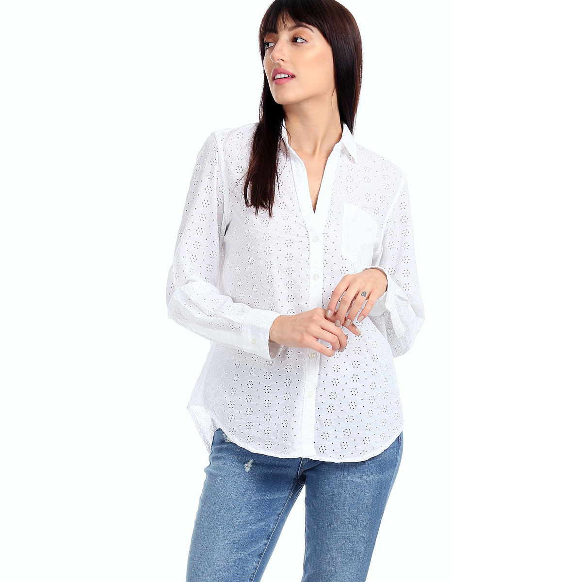 Gap Eyelet Poplin Weaved Solid Color Regular Fit Full Sleeve Casual Shirt with Patch Pocket - White
