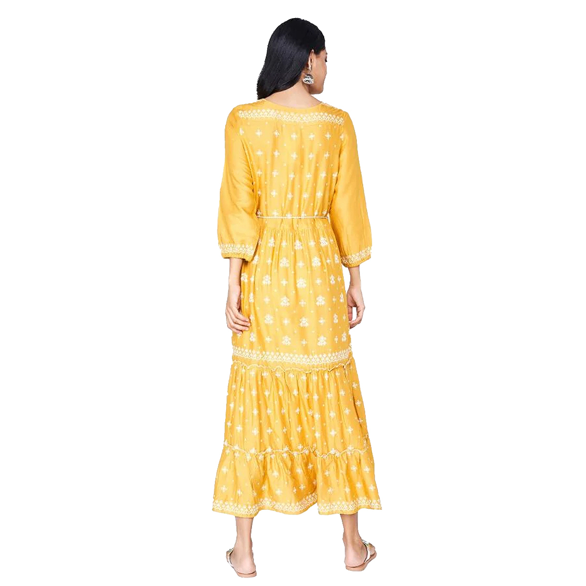 Global Desi Printed Tiered Dress Styled With Waist Tie-Up & Bishop Sleeve - Mustard