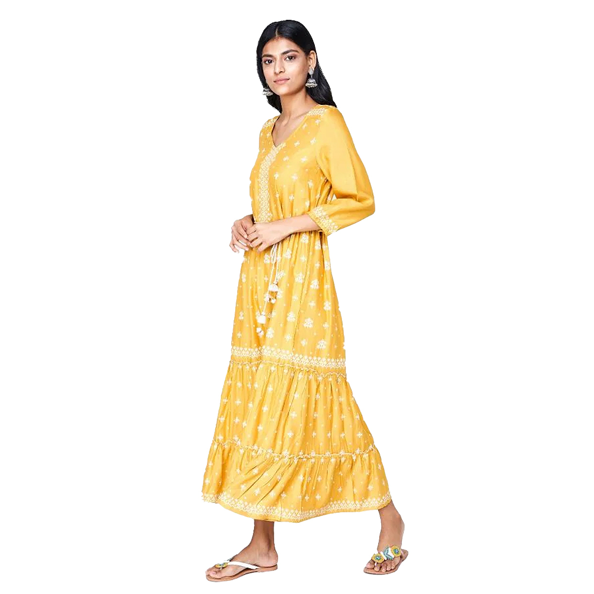 Global Desi Printed Tiered Dress Styled With Waist Tie-Up & Bishop Sleeve - Mustard