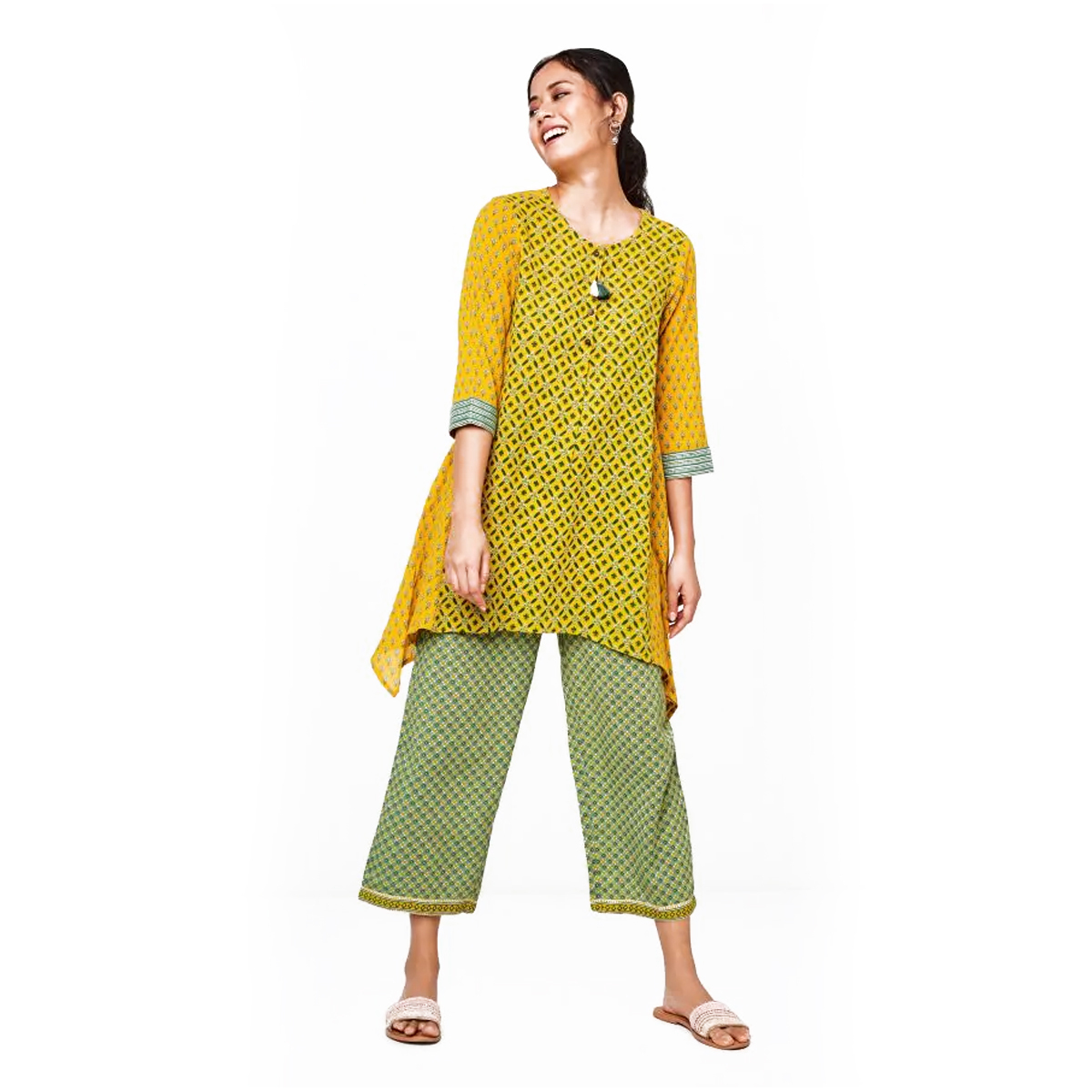 Global Desi Printed Tunic Styled with Butter Fly Cut hem line - Mustard