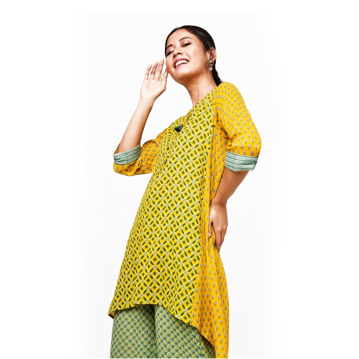 Global Desi Printed Tunic Styled with Butter Fly Cut hem line - Mustard