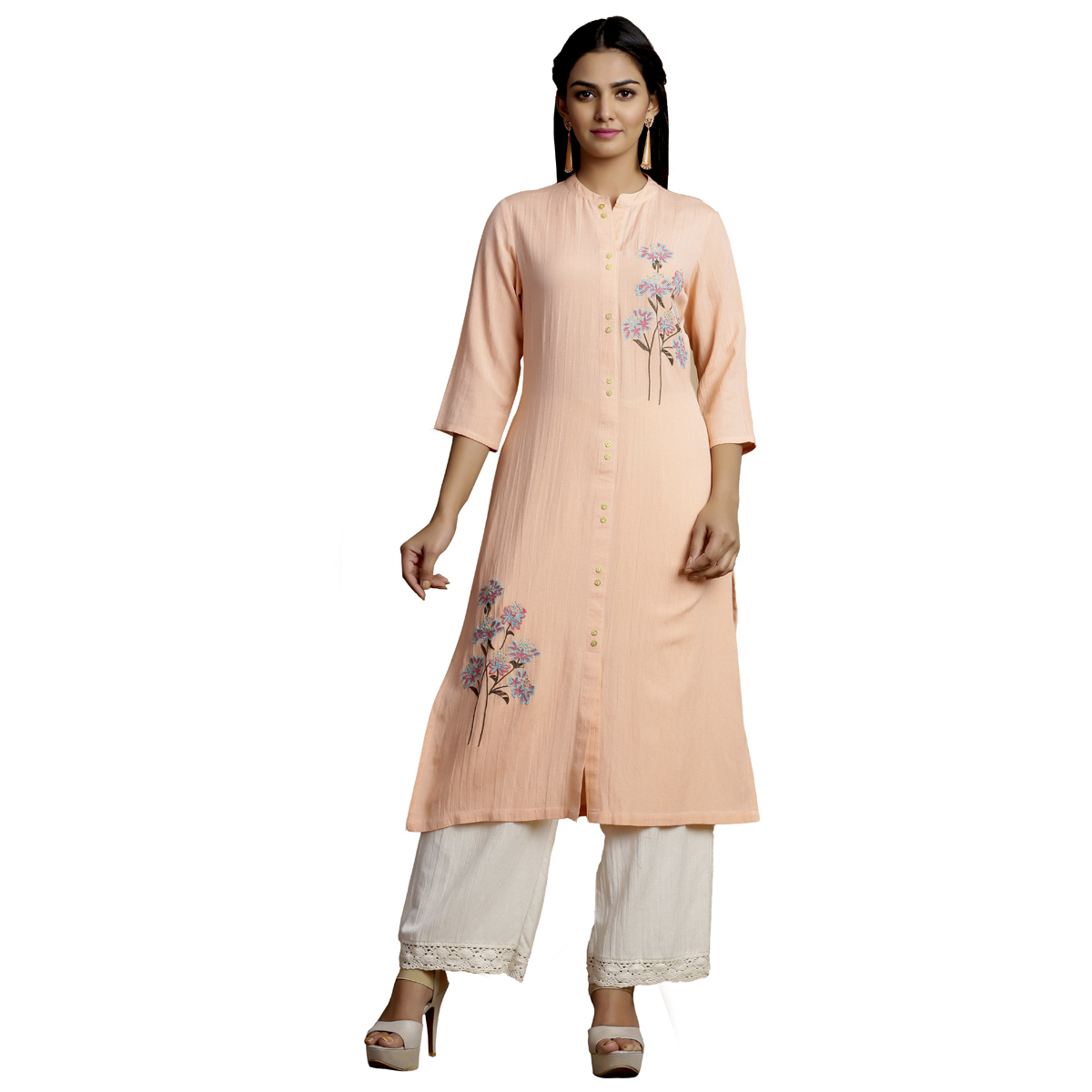 Juniper Solid Color Crushed Rayon Slitted Kurta With Embroidery & Front Open Buttons - Peach