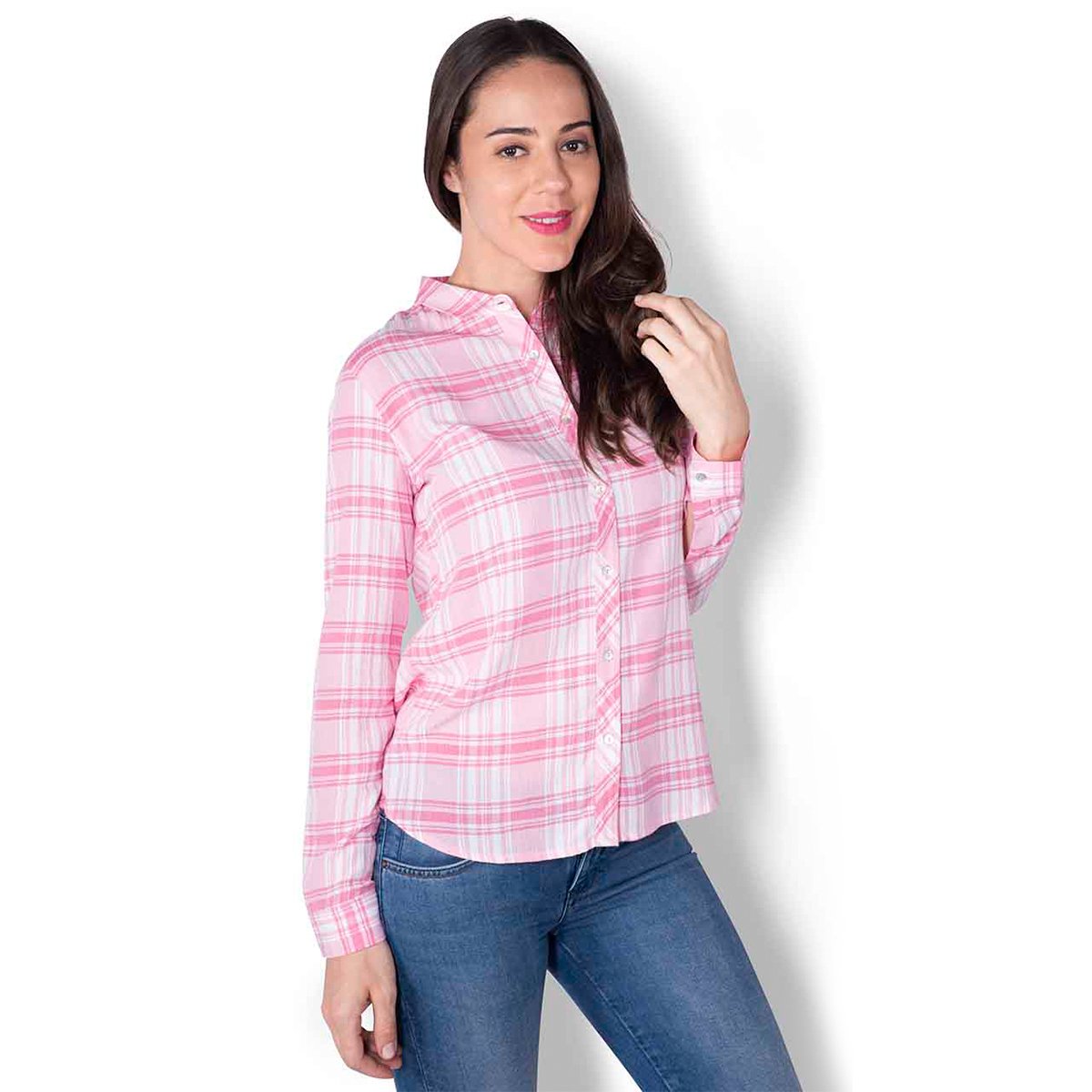 Wrangler Regular Fit Crinkle Textured Check Shirt Styled With Diagonal Button Placket - Candy Pink