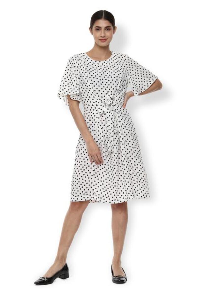 Van Heusen Woman Polka Dotted Knot Style Casual Dress With Bell Sleeve - White
