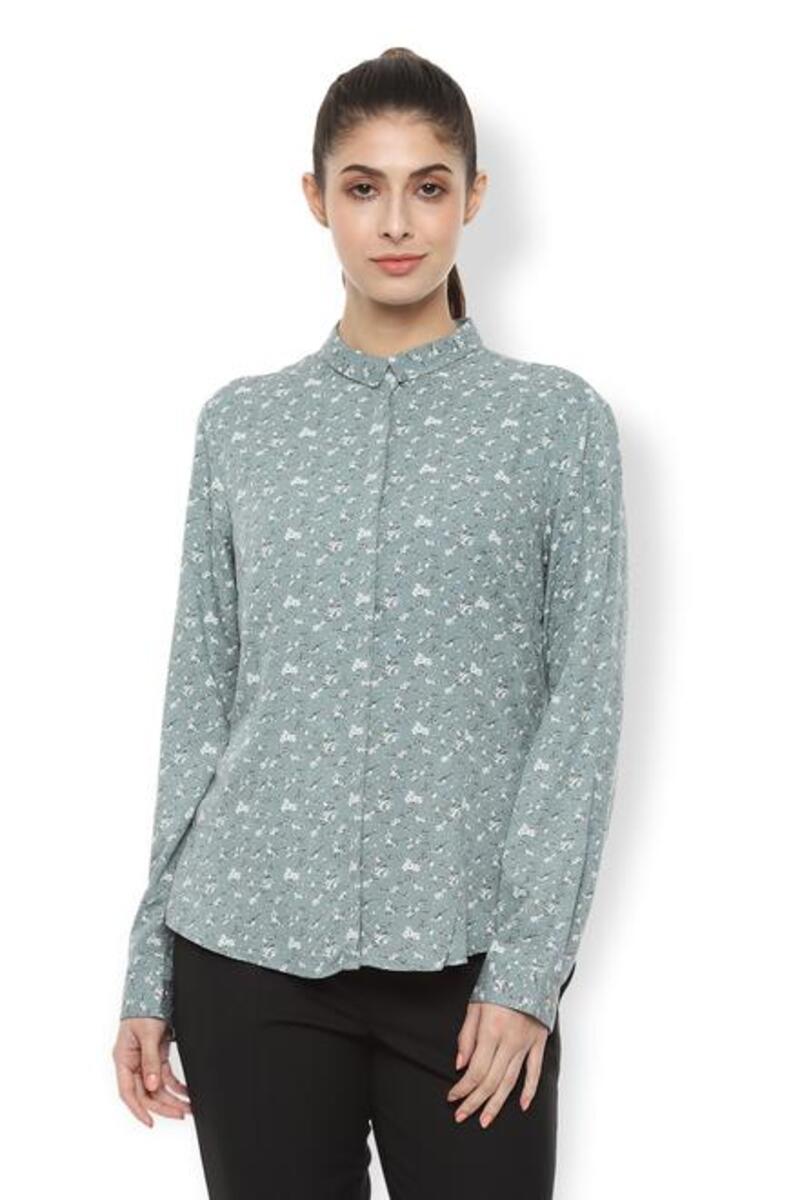 Van Heusen Woman Regular Fit Full Sleeve Floral Printed Casual Shirt With Concealed Button Placket - Light Olive Green