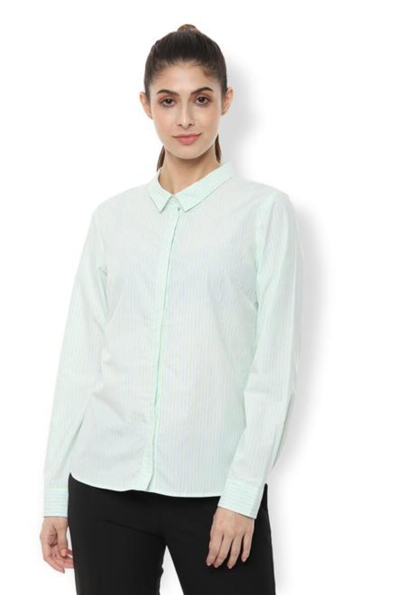 Van Heusen Woman Regular Fit Full Sleeve Striped Formal Shirt With Concealed Button Placket - Light Green