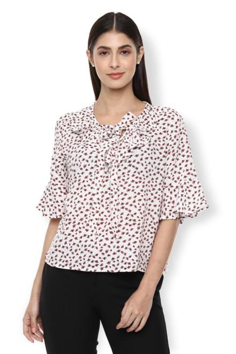 Van Heusen Woman Printed Bell Sleeved Top With Ruffled Bow Style Round Neck - White