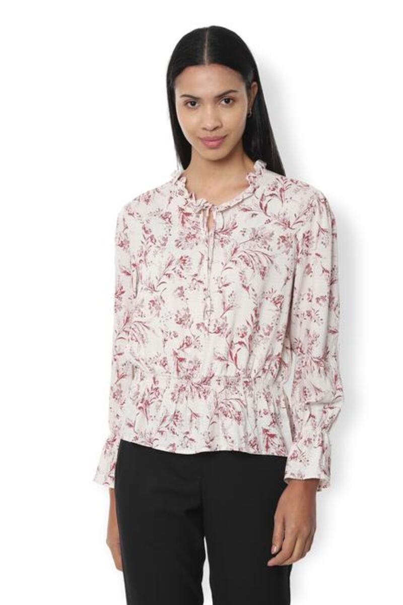 Van Heusen Woman Floral Printed Full Sleeve Elastic Waist Top With Frilled Tie-Up Round Neck - Red