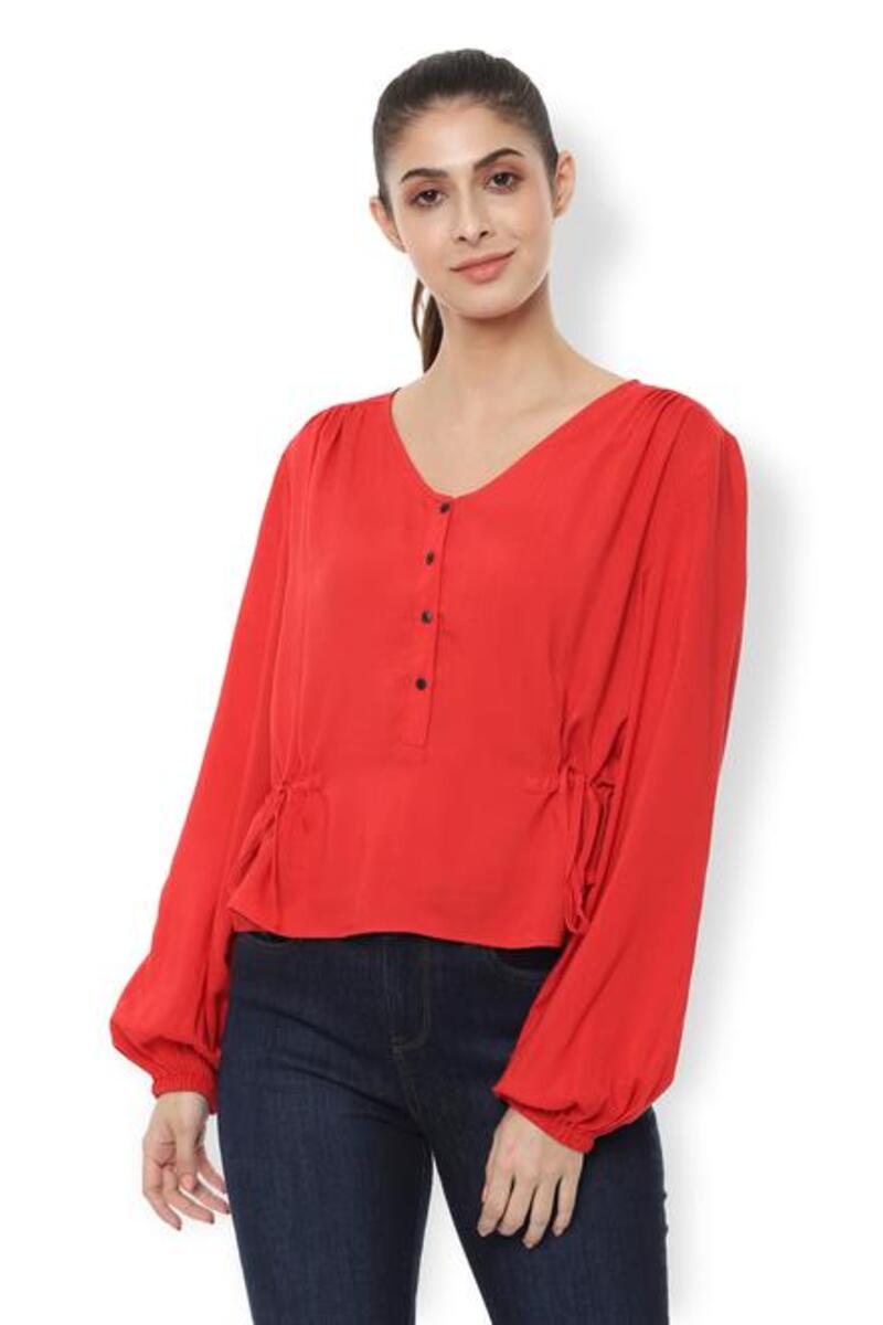 Van Heusen Woman Bishop Sleeved Solid Color Side Tie-Up Top With Gather Details & Front Yoke Buttons - Red