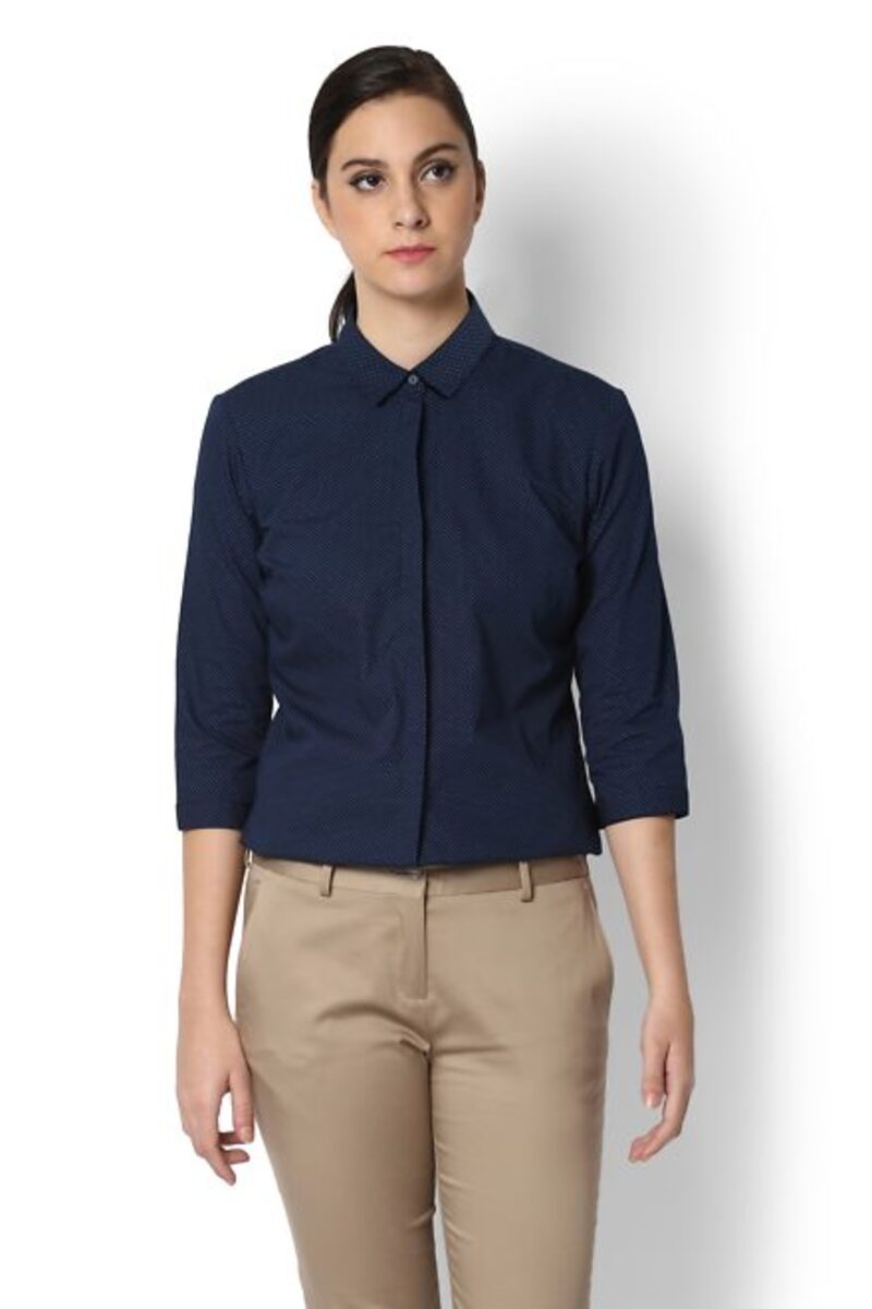 Van Heusen Woman Self Textured Three Fourth Sleeve Formal Shirt With Concealed Button Placket - Dark Blue
