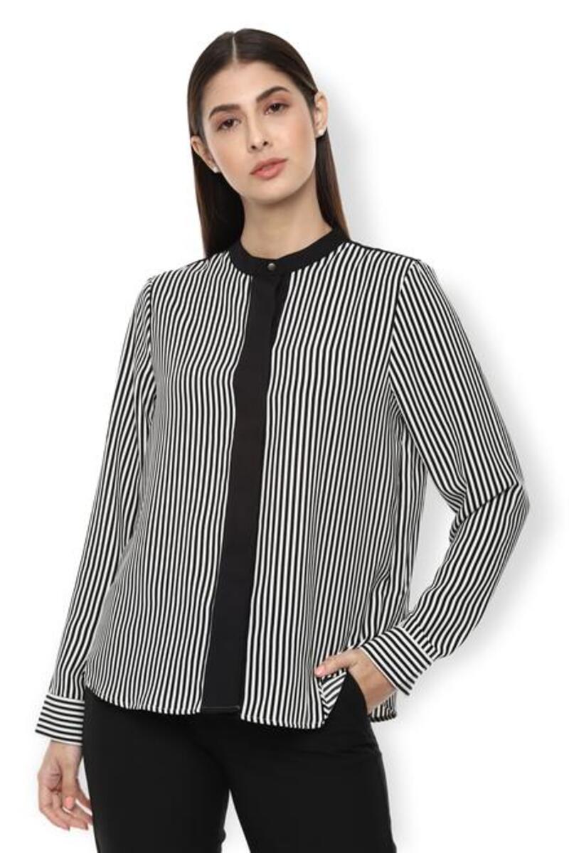 Van Heusen Woman Regular Fit Full Sleeve Striped Semi Formal Shirt With Mandarin Collar & Concealed Button Placket - Black