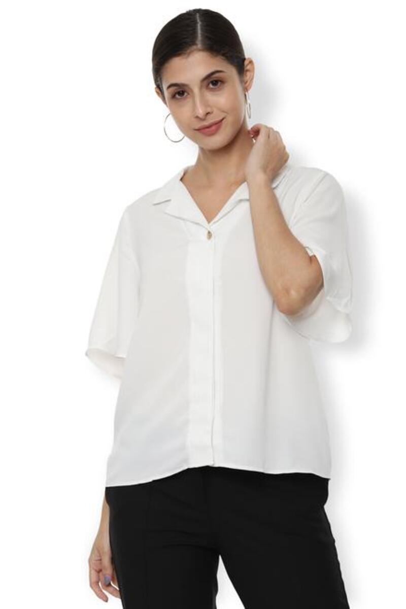 Van Heusen Woman Regular Fit Solid Color Casual Shirt With Flare Sleeve & Notch Collar - Off White