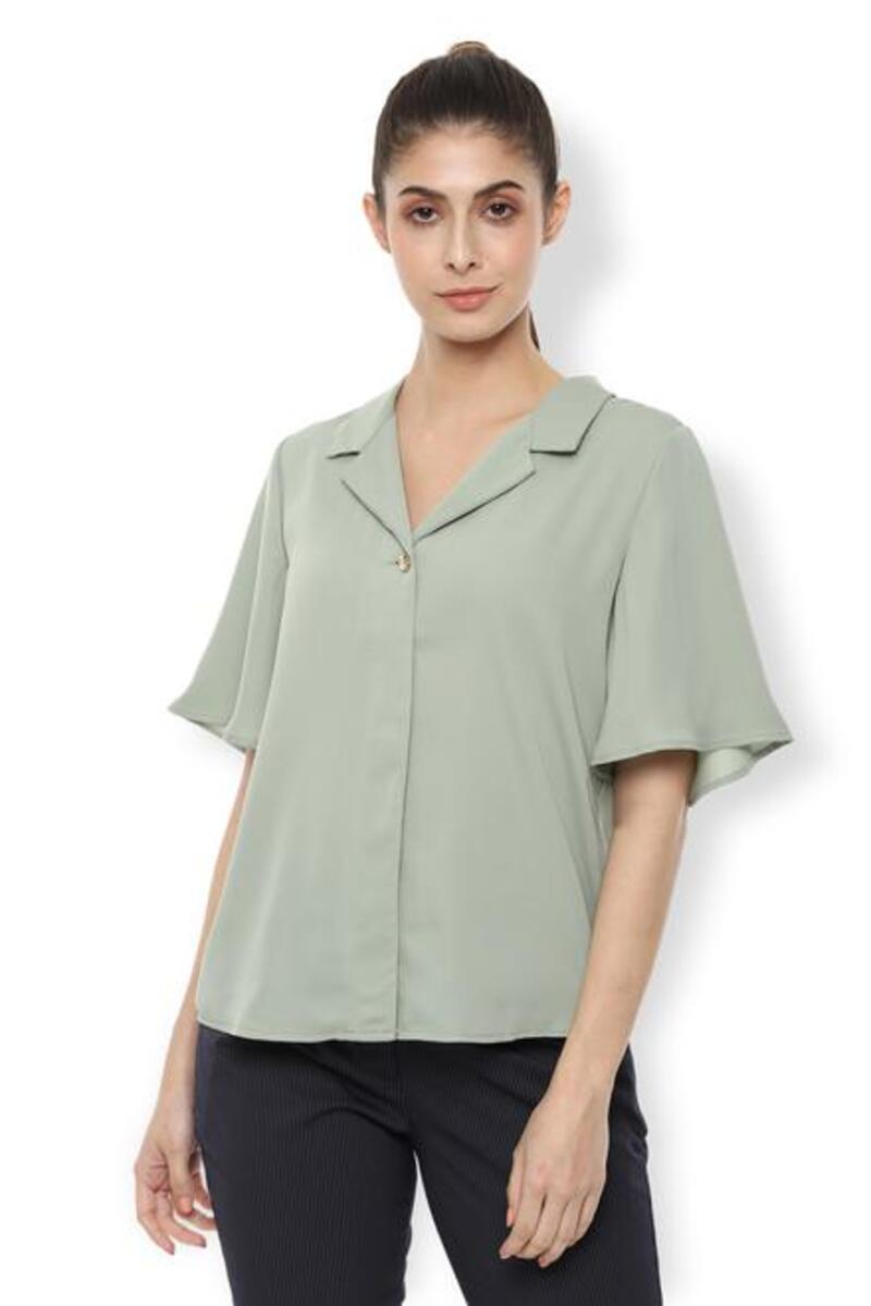 Van Heusen Woman Regular Fit Solid Color Formal Shirt With Raglan Sleeve - Light Olive Green