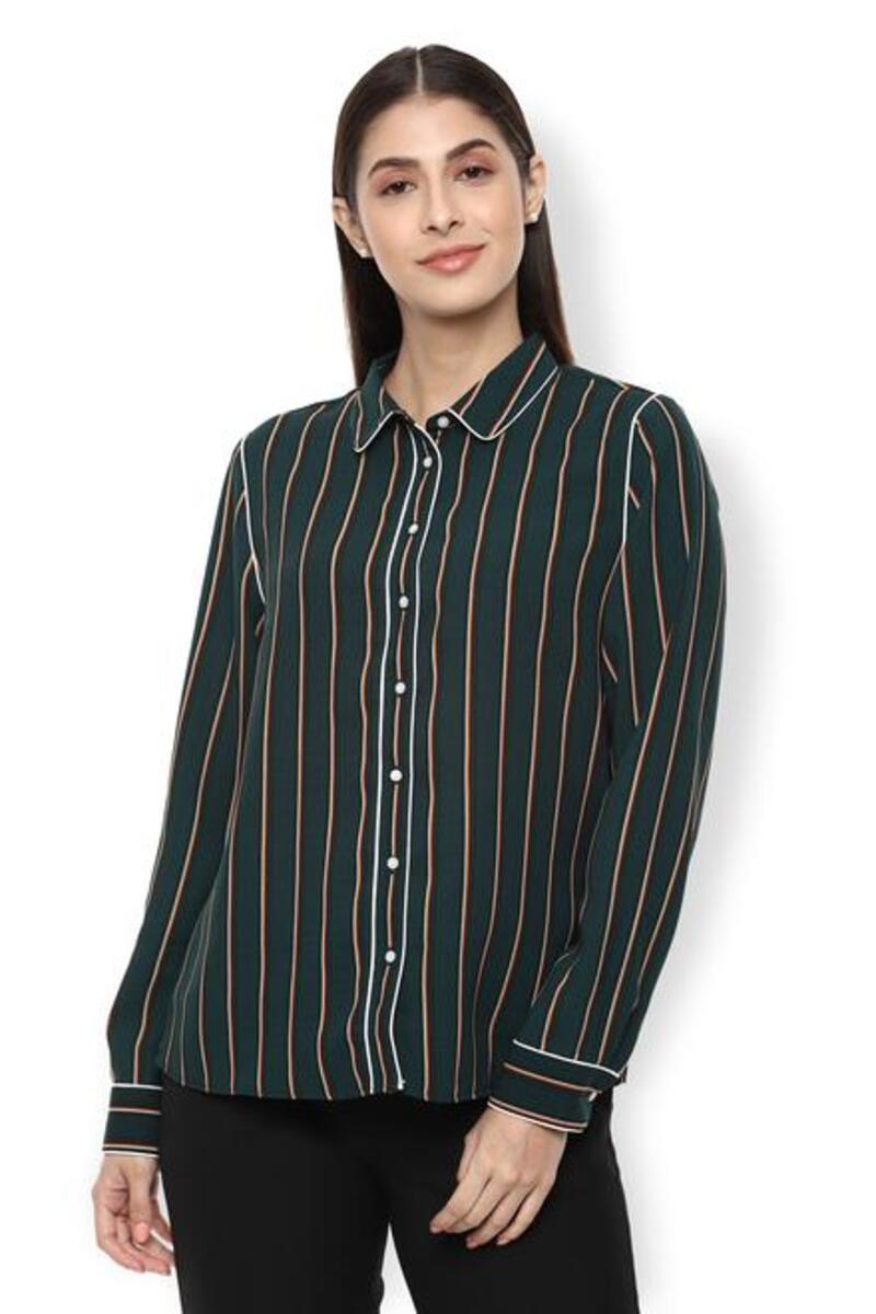 Van Heusen Woman Regular Fit Full Sleeve Striped Casual Shirt With Piping Details - Green