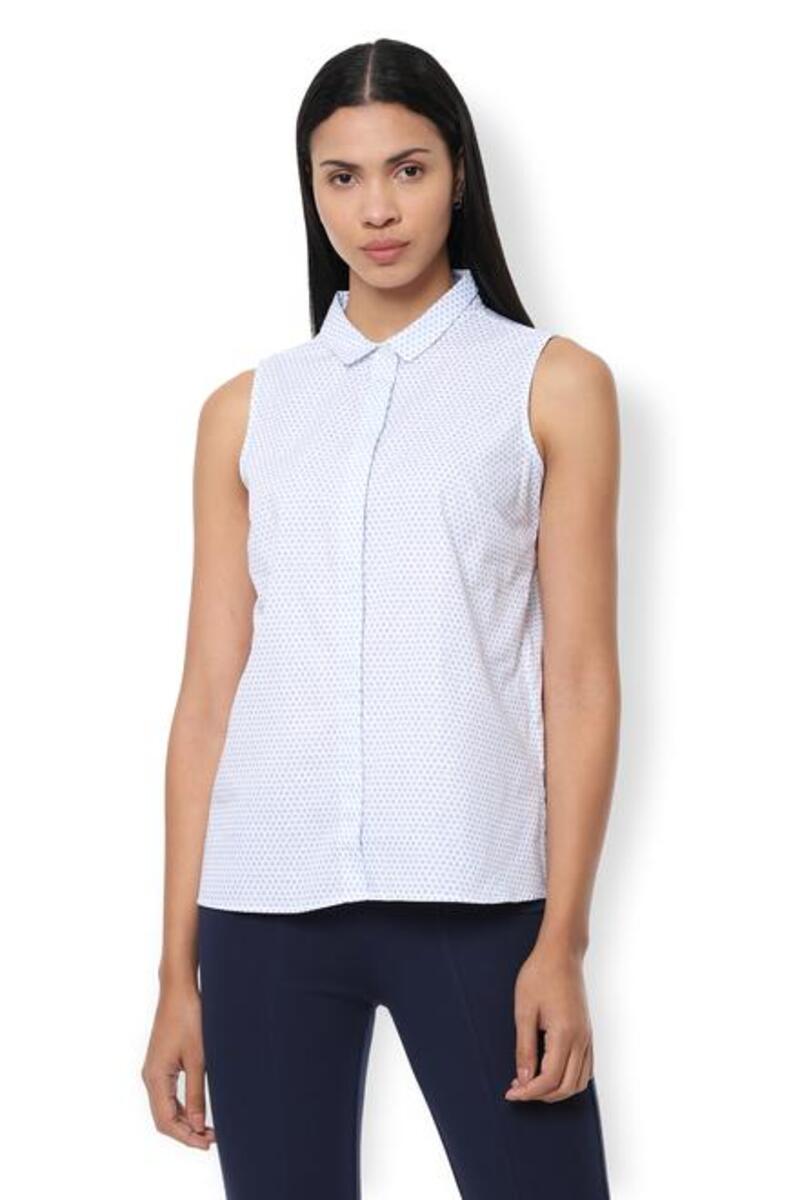 Van Heusen Woman Regular Fit Sleeveless Printed Casual Shirt With Concealed Button Placket - Light Blue
