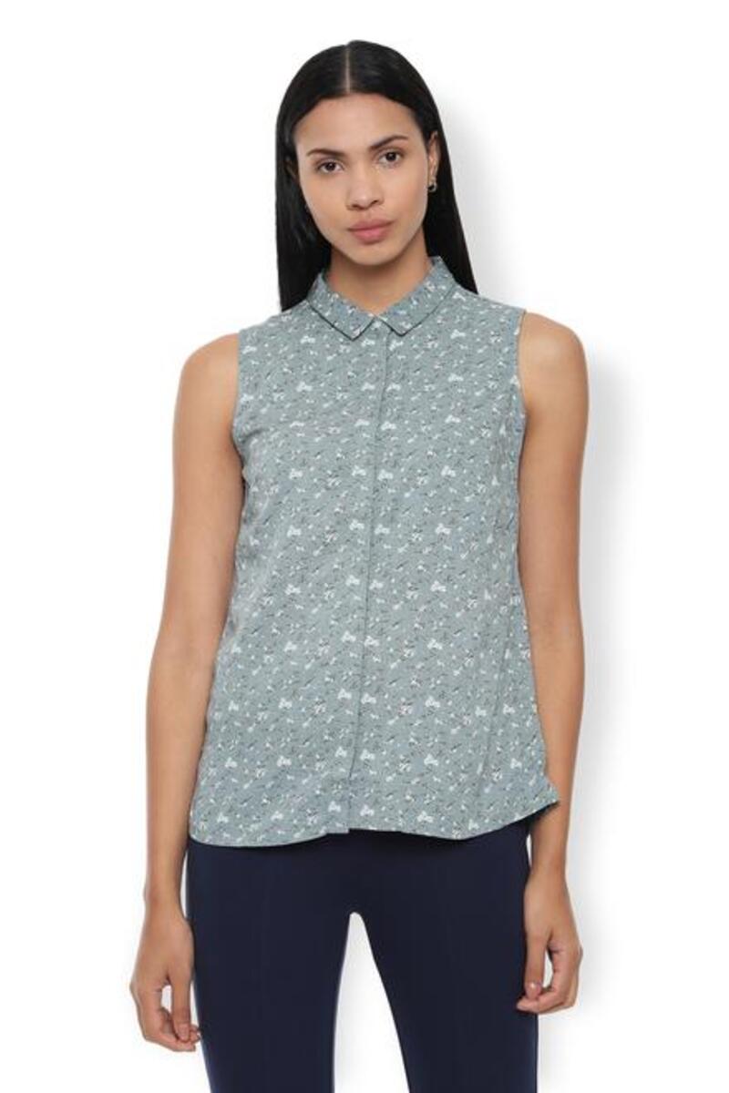 Van Heusen Woman Regular Fit Sleeveless Printed Casual Shirt With Concealed Button Placket - Lt Olive