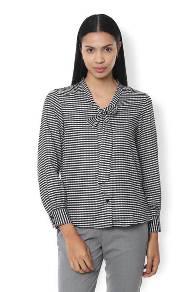 Van Heusen Woman Full Sleeve Stripe Textured Top With Bow Style V Neck  - White