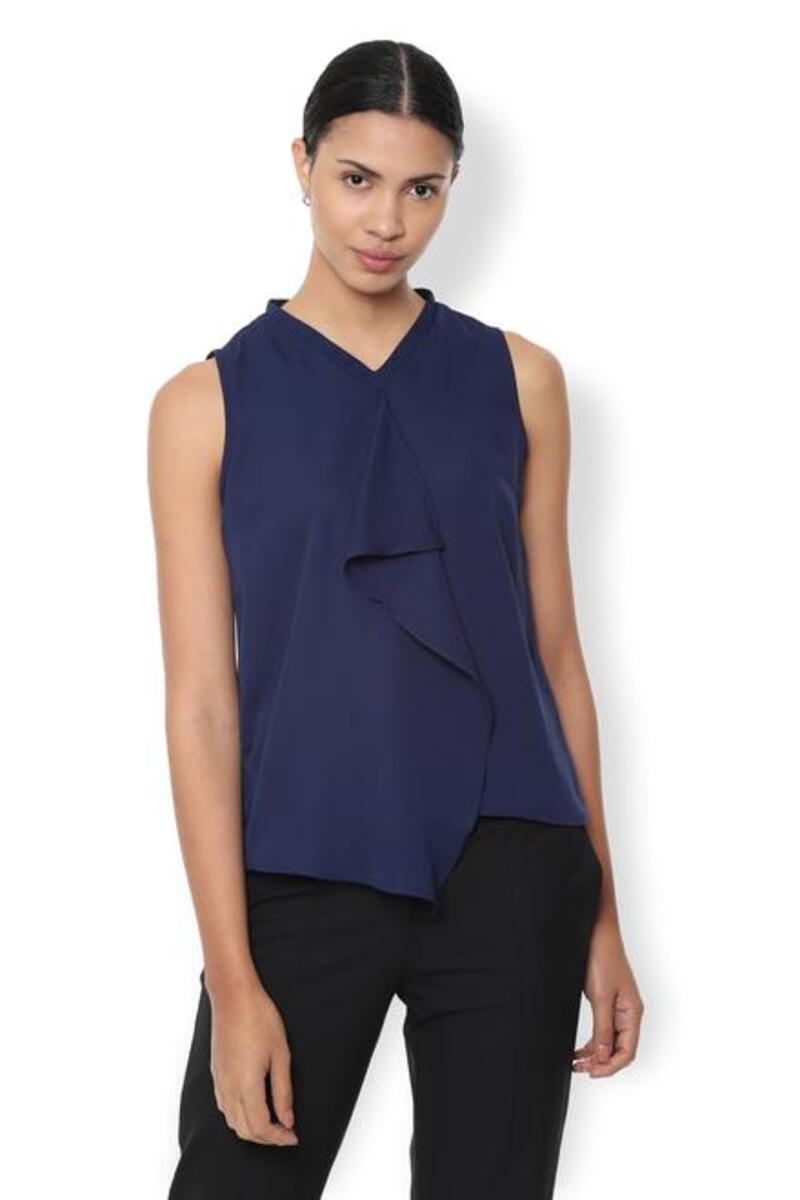 Van Heusen Woman Sleeveless Solid Color Stylized Top With Stand-Up V Neck - Navy
