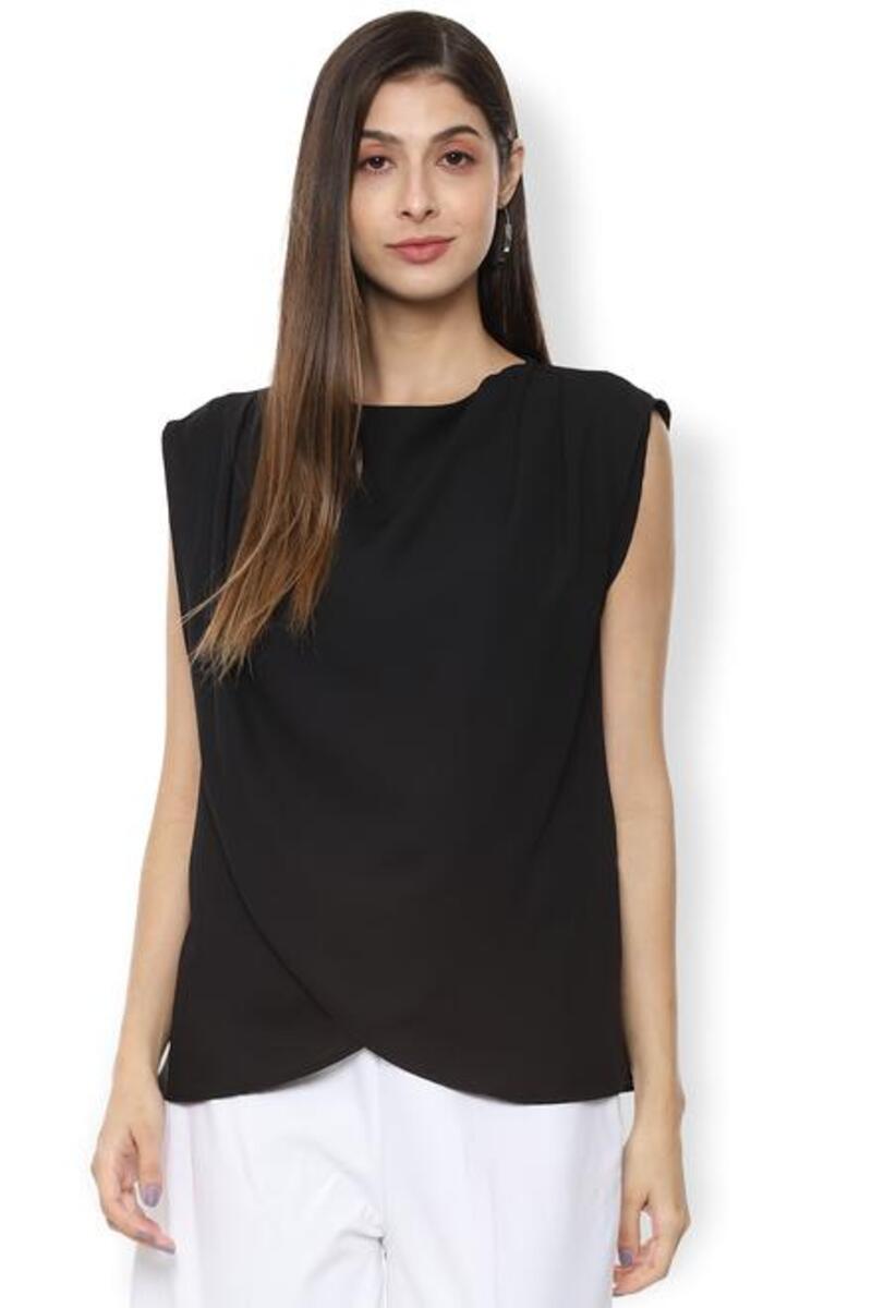 Van Heusen Woman Sleeveless Solid Color Top With Cowl Style Crossover Hem - Black